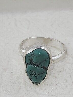 TURQUOISE BOHEMIAN RING HANDMADE IN STERLING RECYCLED METAL SIZE 8 GENUINE STONE